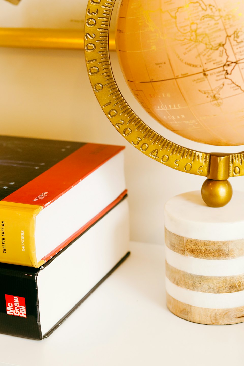 Two stacked academic books beside a gold and marble globe.