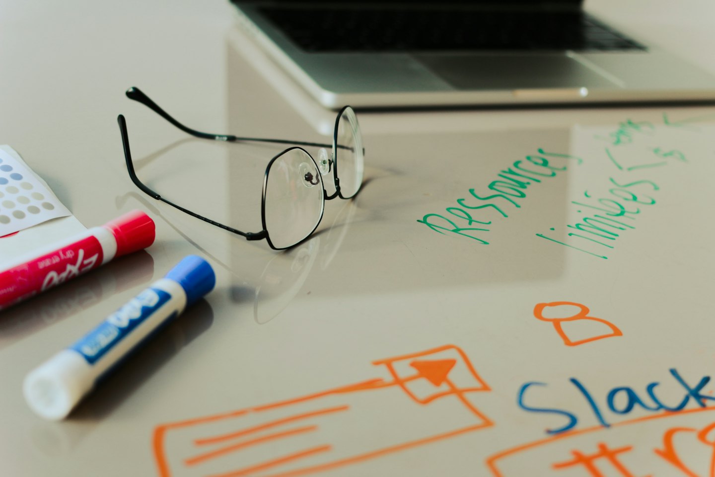 Reading glasses and markers rest on a desk with brainstorming notes.